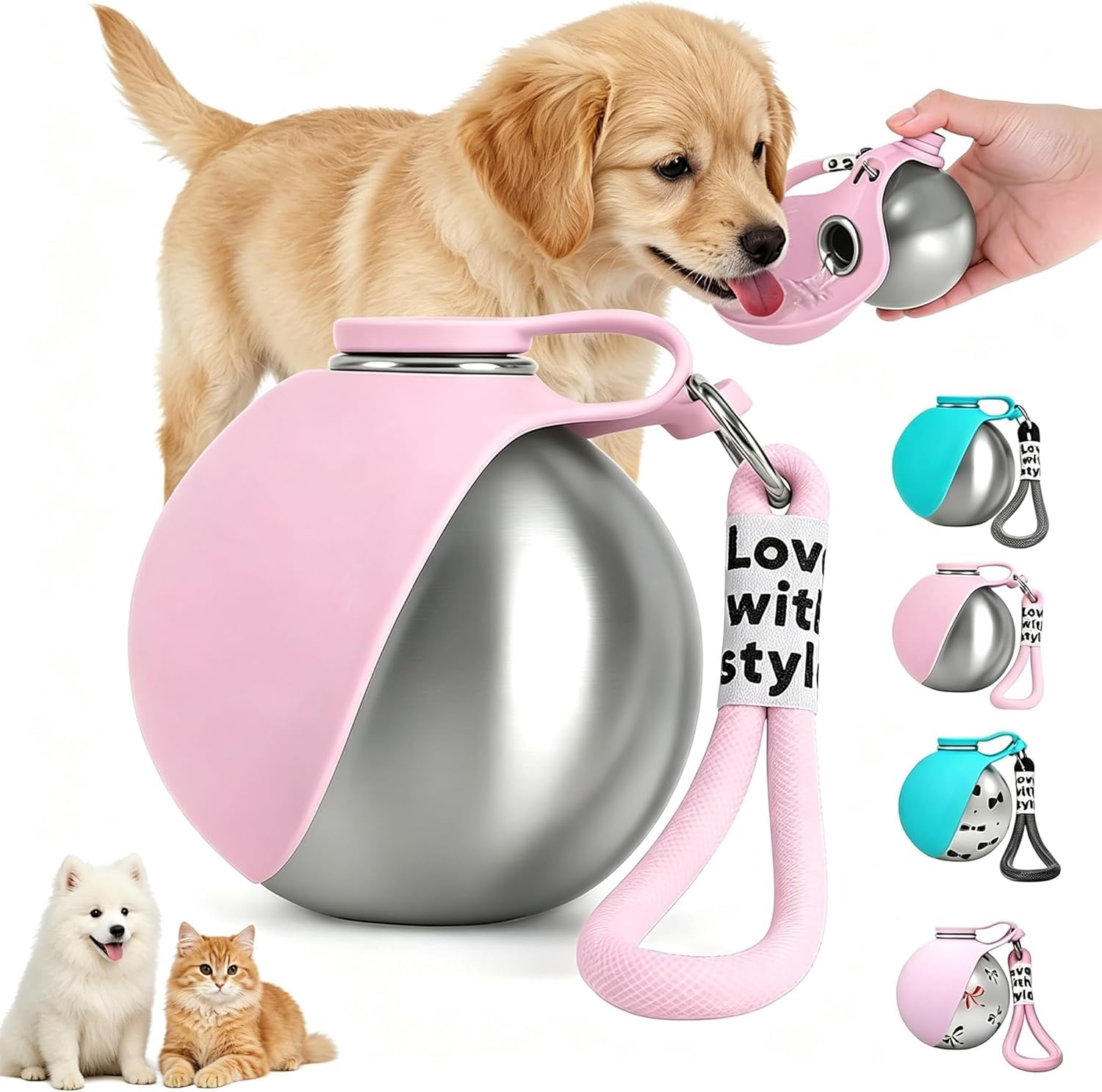 SANJSJHXJ Dog Drinking Bottle Portable with Portable Dog Bowl Attachment, 285ml Stainless Steel Dog Bottle for Hiking and Walking,Pink