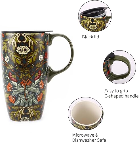 Miniatura 6 de DUSVALLY Taza de café con asa y tapa, tazas de cerámica adecuadas para portavasos de automóvil, taza de café de porcelana, taza de té latte, taza de