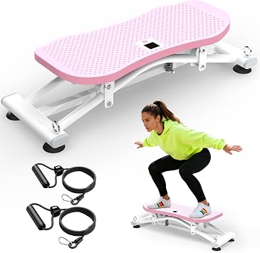 KINMAC 2-in-1 Rocking Stepper with Resistance Bands, Portable Balance Board for Exercise at Home, Quiet Mini Stair Stepper with LCD Monitor, Ski Trainer for Workout Home Gym