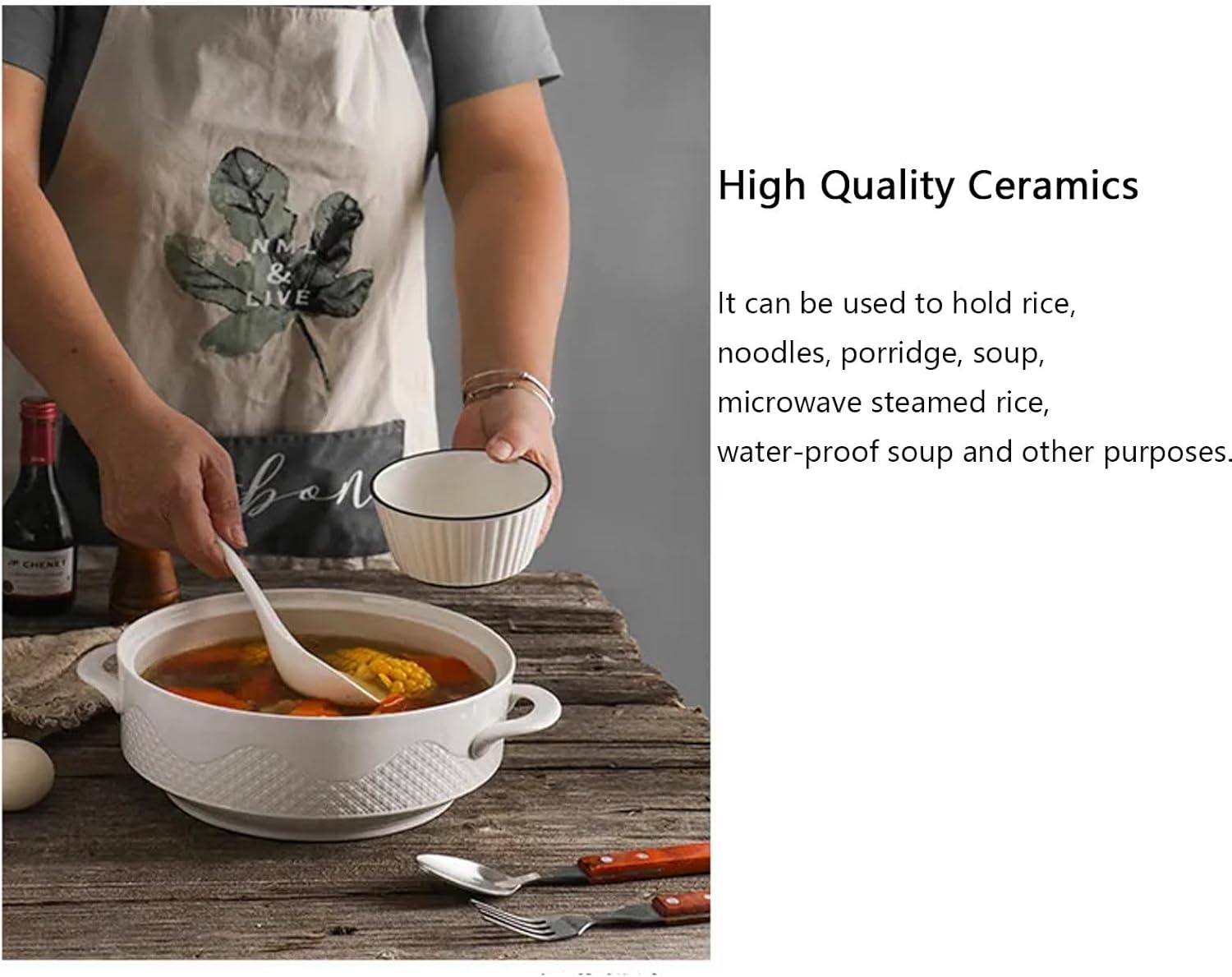 Ceramic Soup Tureen with Lid and Ladle, Creative Double Handles Serving Bowl, Elegant Tableware for Soups, Stews,2100ML