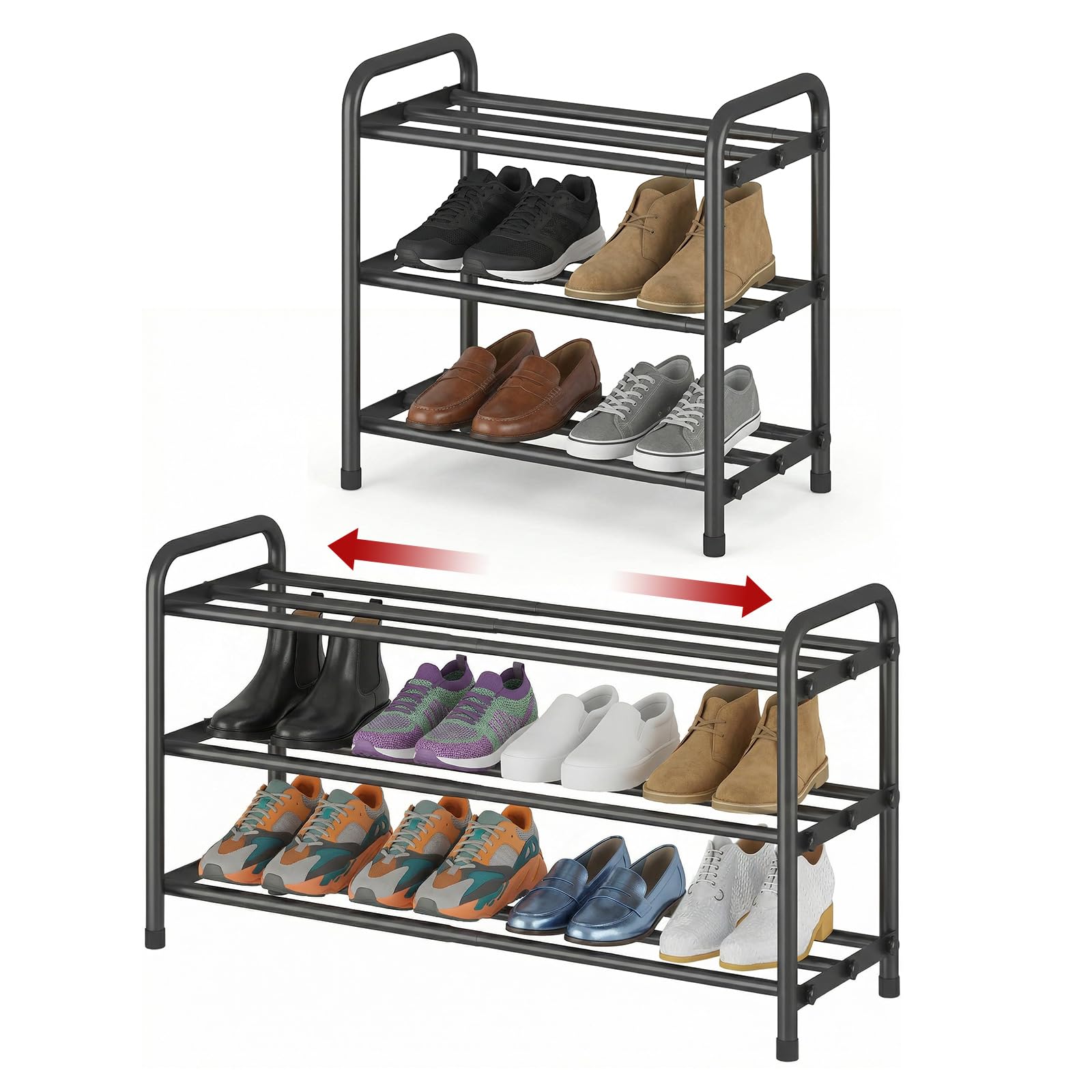 3 Tier Shoe Rack Extendable Metal, Adjustable Shoe Organizer Shelf for Closet, Black Shoe Storage Organiser for Hallway, Inside Wardrobe, Closet, Bedroom, Entryway,Narrow Space Under Stairs Hallway