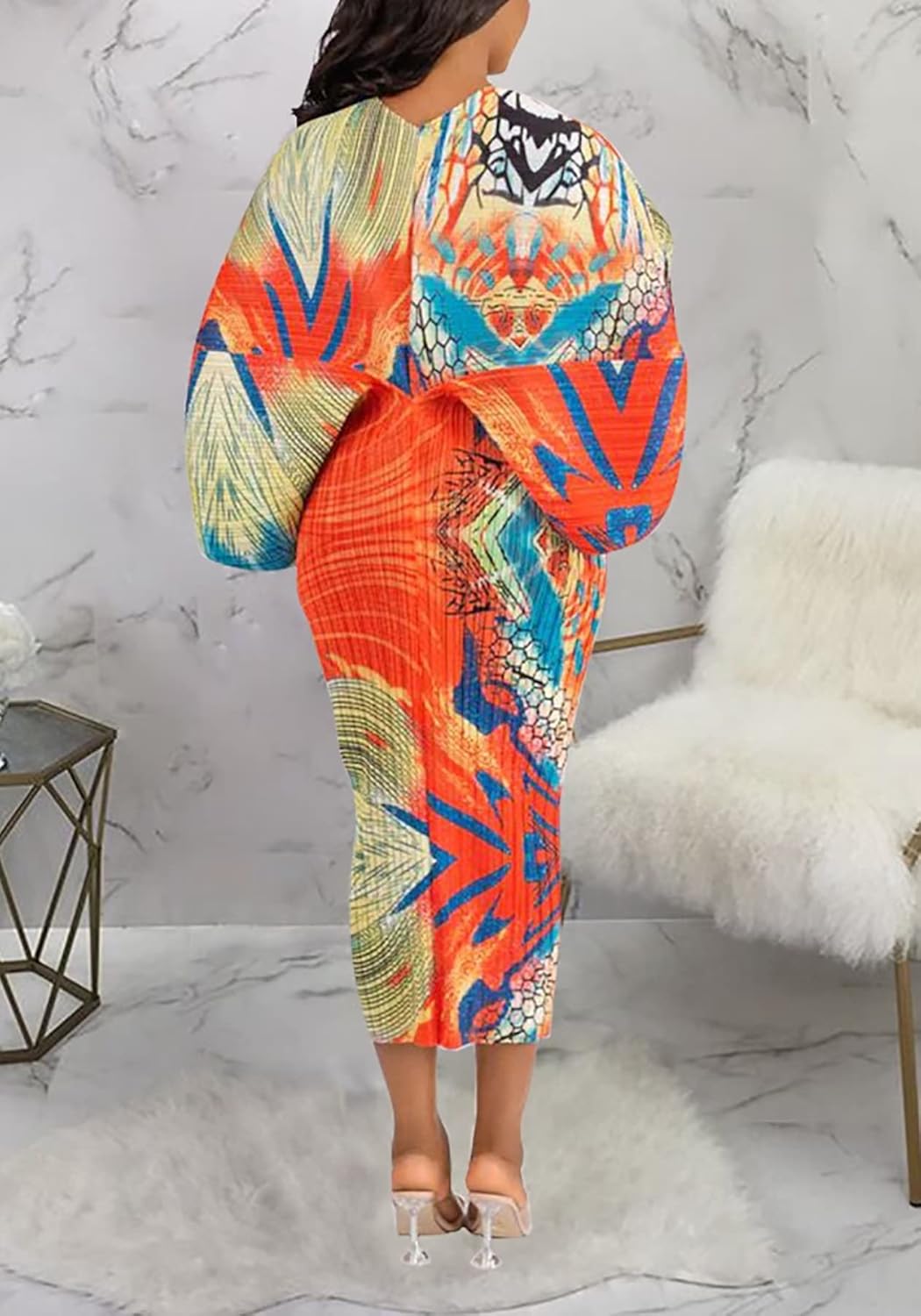 Ptorlio Sexy African Dresses Attire for Women V Neck Floral Pleated Midi Dress Plus Size - Image 4