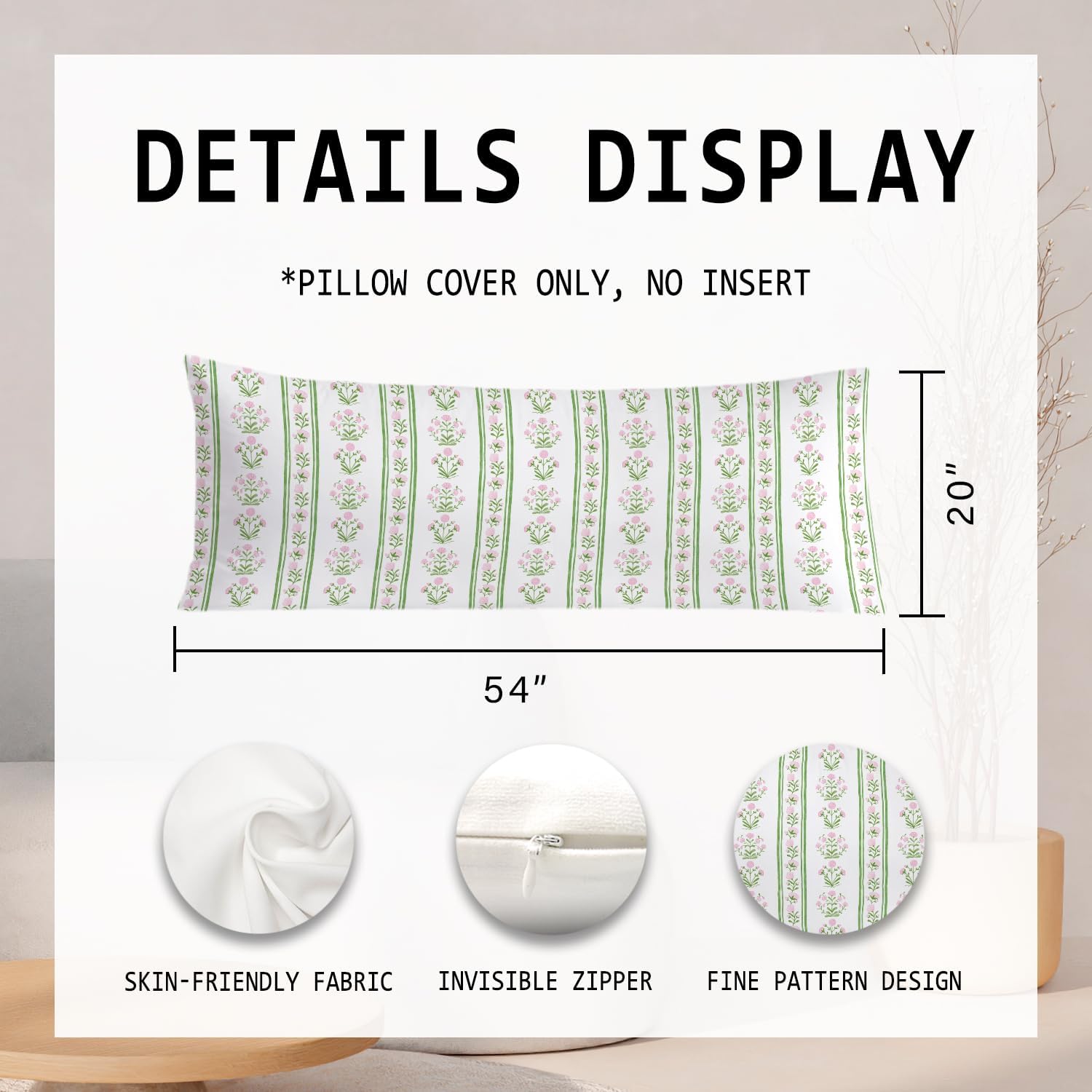 Pink and Green Grandmillennial Floral 20x54 Body Pillow Cover, Cottagecore Room Decor, Rustic Farmhouse Flower Botanical Decorative Long Body Pillow Cases for Bed Couch