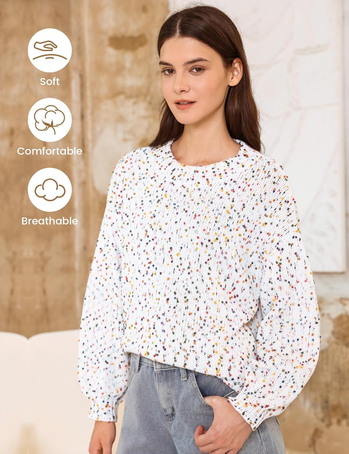 Wyeysyt Womens Sweaters Oversized Rainbow Pom Chunky Sweater Colorful Long Sleeve Knit Pullover Tops - Image 3