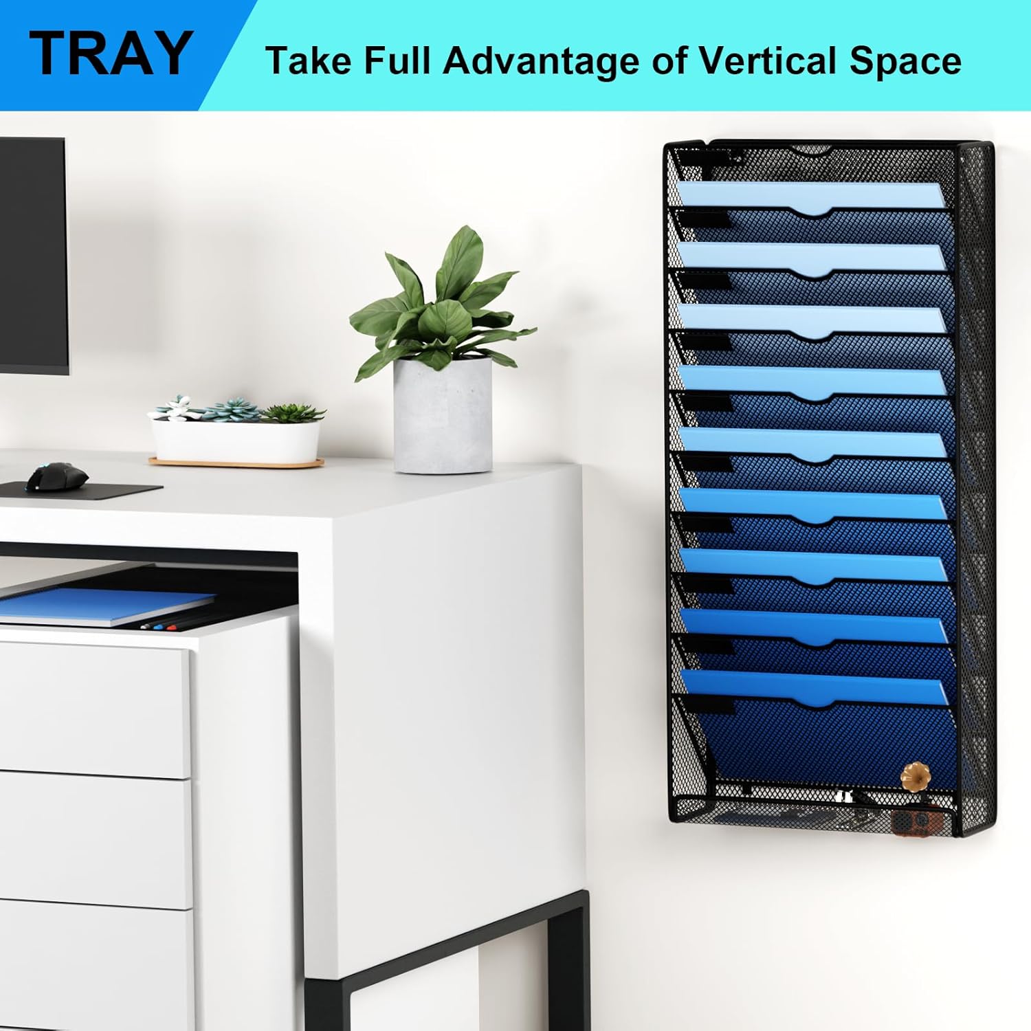 Hanging Wall File Organizer 10 Tier Wall Mounted File Holder Document Wall Organizer Magazine Organization for Office Home, Black