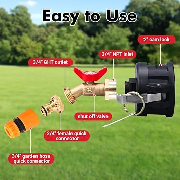 IBC Tote Adapter, 2 Cam Lock for 275-330 Gallon IBC Tote Tank, IBC Tote to Garden Hose Adapter with Brass Hose Faucet (3/4 Female NPT Inlet3/4 GHT Outlet)