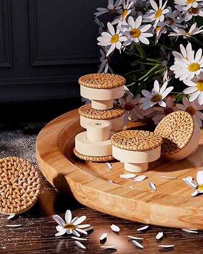 Miniatura 4 de 12 pomos de ratán bohemio de 1.65 pulgadas de diámetro, de madera redonda natural, hechos a mano, de mimbre tejido a mano, pomos y tornillos para