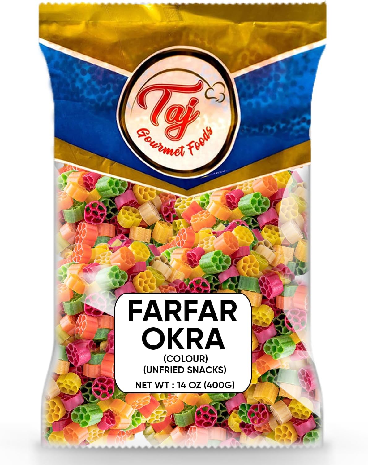 TAJ Gourmet Farfar Fryums (Wheat Pellet Tube), 400g (Okra)