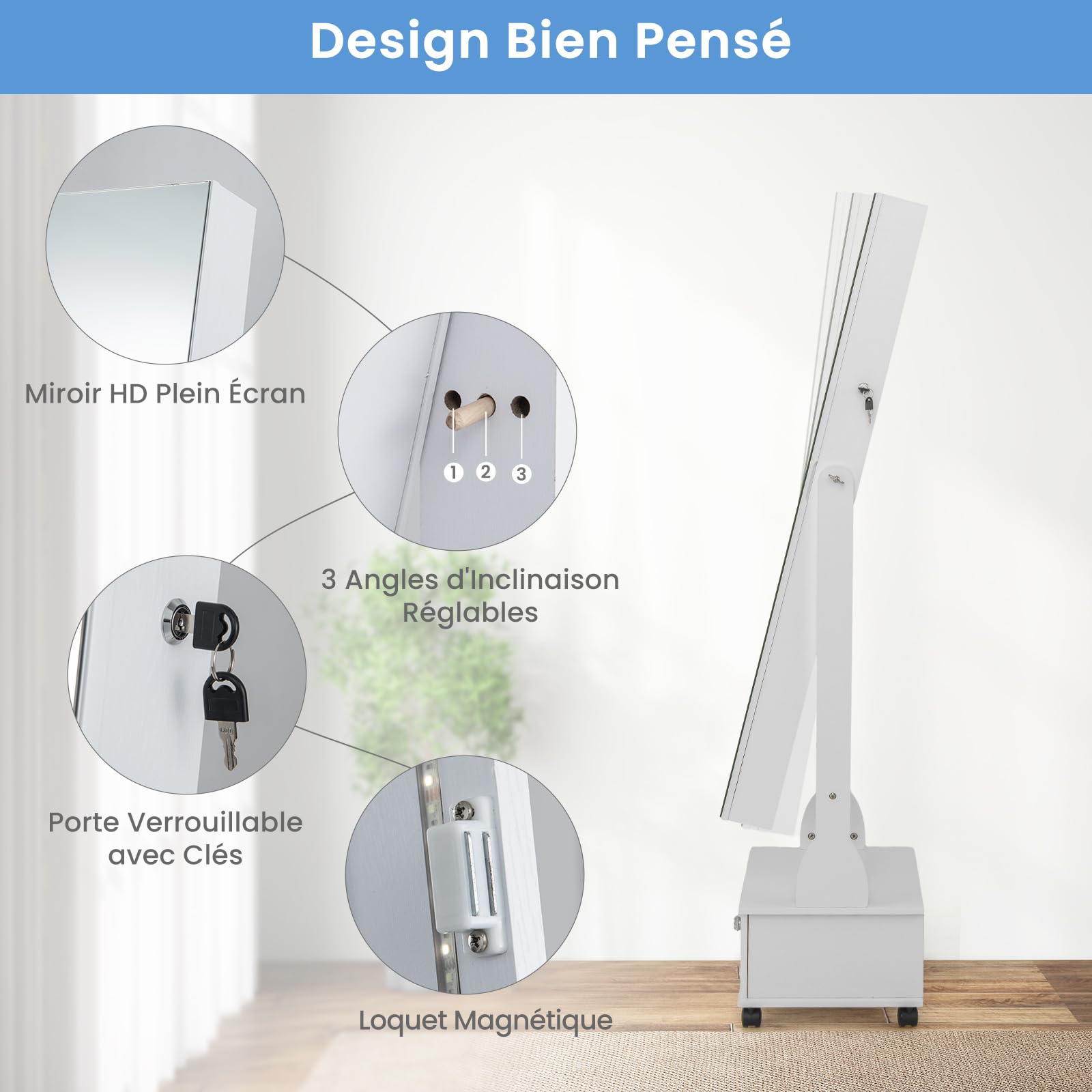 GOPLUS Armoire à Bijoux avec Roues, Organisateur de Bijoux Verrouillable avec LED 3 Couleurs, 3 Angles Réglables, Miroir Intégré, Armoire à Bijoux avec Miroir sur Pied avec Grand Rangement (Blanc)