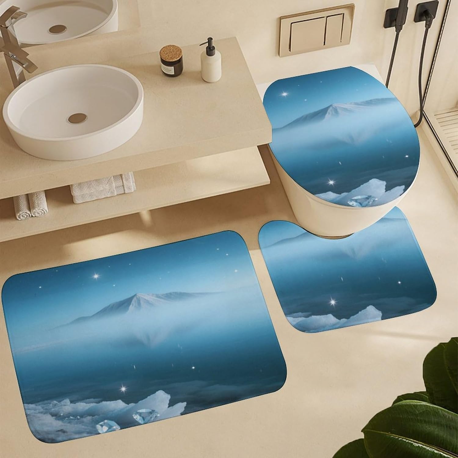 Diamond Snow Mountain Reflections Bath Rug Set 4 Piece,Bathroom Accessories Set-Toilet Rugs U Shaped,Toilet Lid Cover,Shower Curtain and Rugs,Ultra Soft, Absorbent,Home Decor
