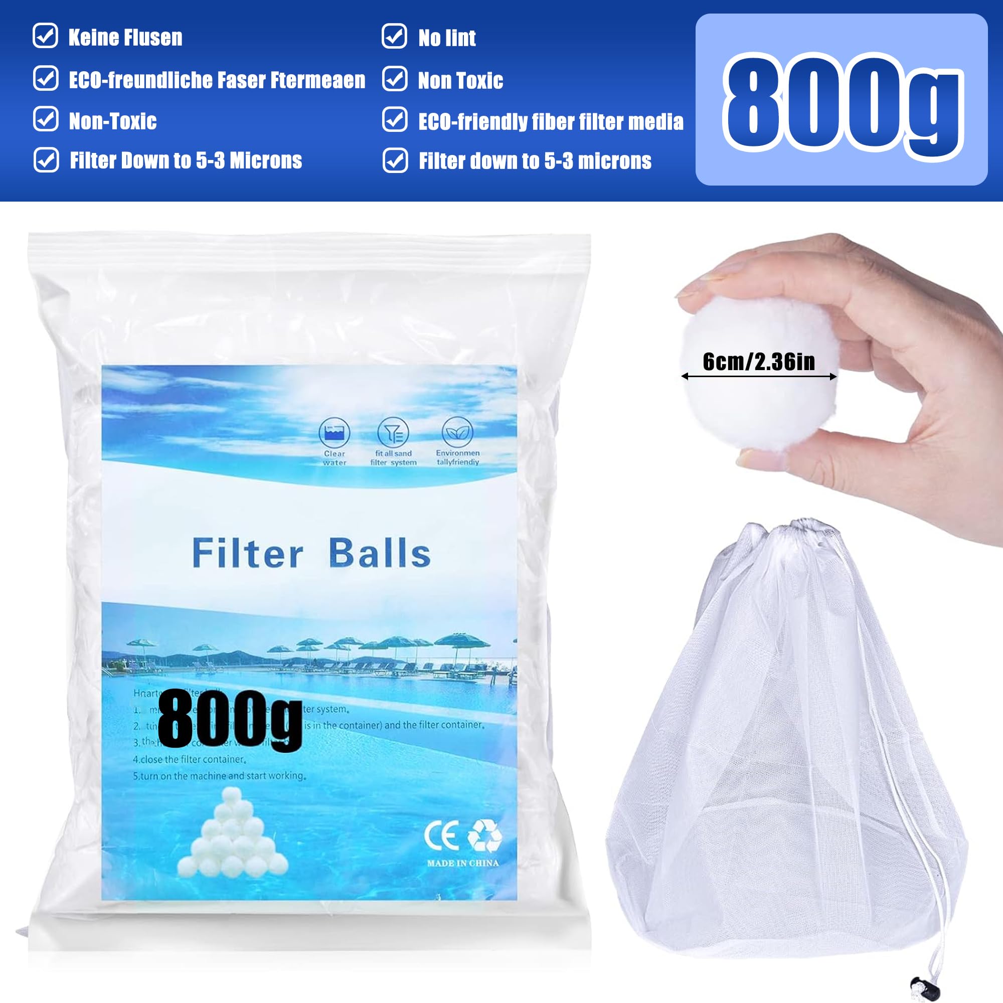 800g kulki filtrujące, kulki filtrujące do basenu, zamiennik piasku filtrującego do basenu, środek czyszczący do basenu, odpowiedni do różnych metod filtracji wody