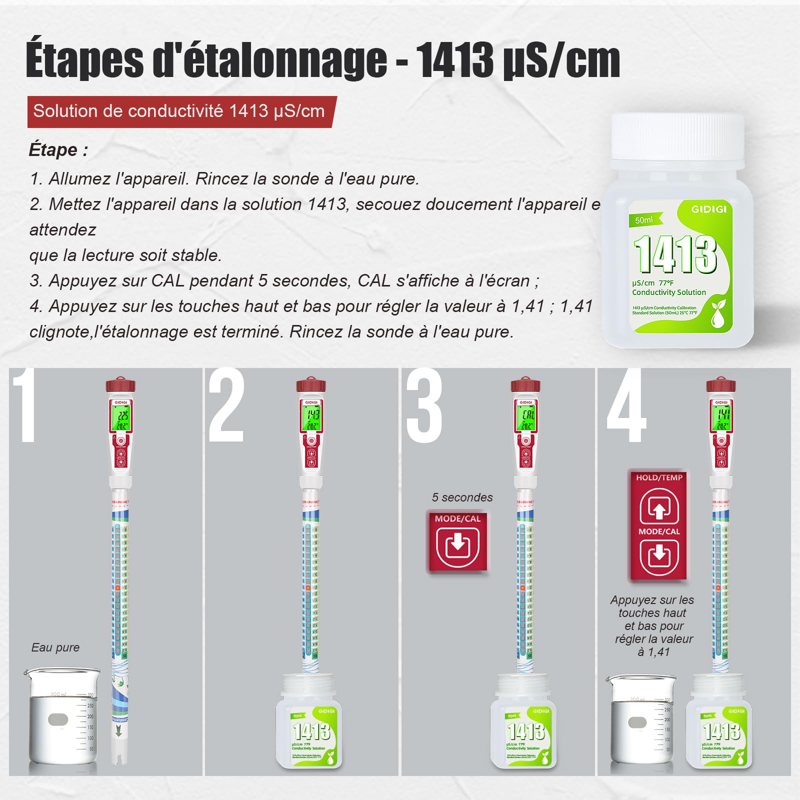Roztwór kalibracyjny 1413 μS/cm, 4 x 50 ml TDS EC Tester zasolenia Roztwór kalibracyjny do miernika TDS EC, Kalibracja dokładności i precyzji przyrządów do monitorowania chemicznego