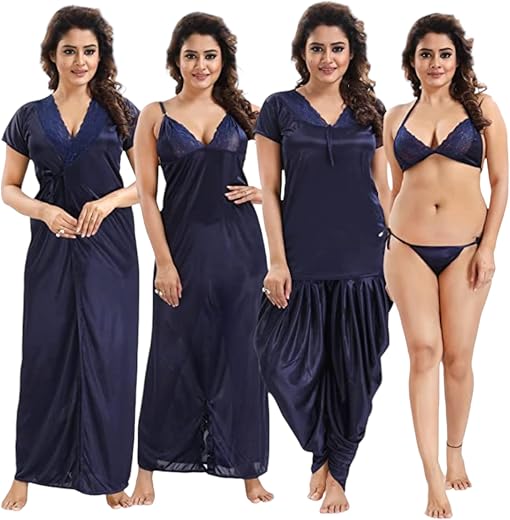 Siami Apparels Solid Satin 6 Piece Nightwear/Nighty Set (1 Robe, 1 Nighty, 1 Top, 1 Patiyala, 1 Lingerie Set) | Soft & Com...