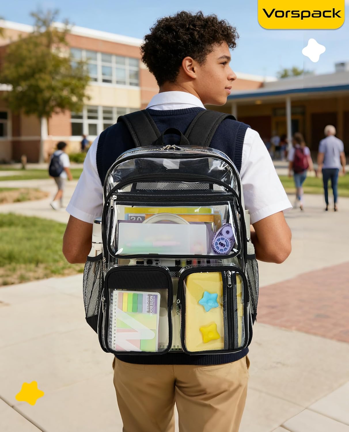 Vorspack Clear Backpack for School - Heavy Duty Transparent Bookbag for Girls Boys Extra Large See Through Backpacks for Teens, Work, Travel, Festival - Black