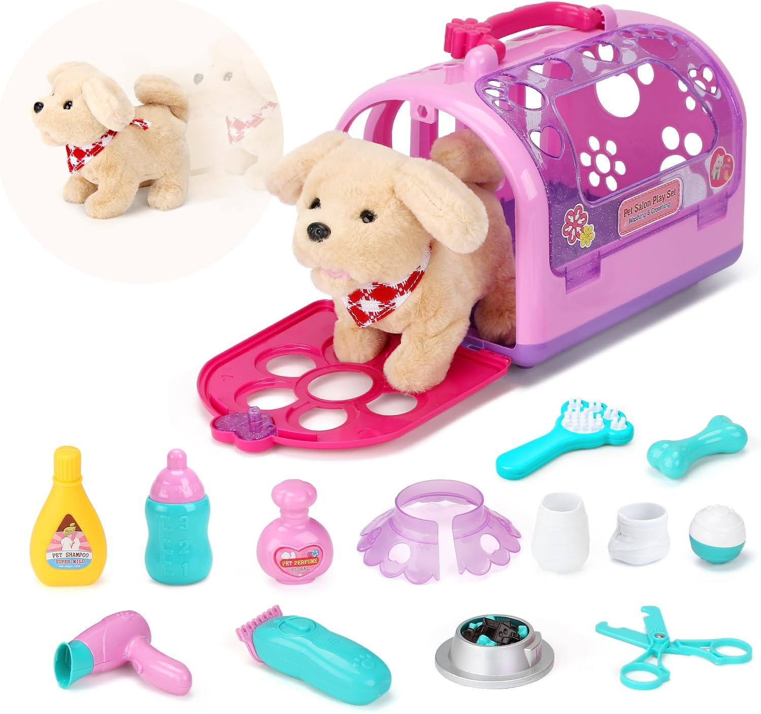 Pet Care Play Set Electric Vet Play Set-Walking ,Barking,Tail Wagging Little Plush Dog Grooming Toys with Puppy Carrier Feeding Dog Educational Toys for Toddler Kids