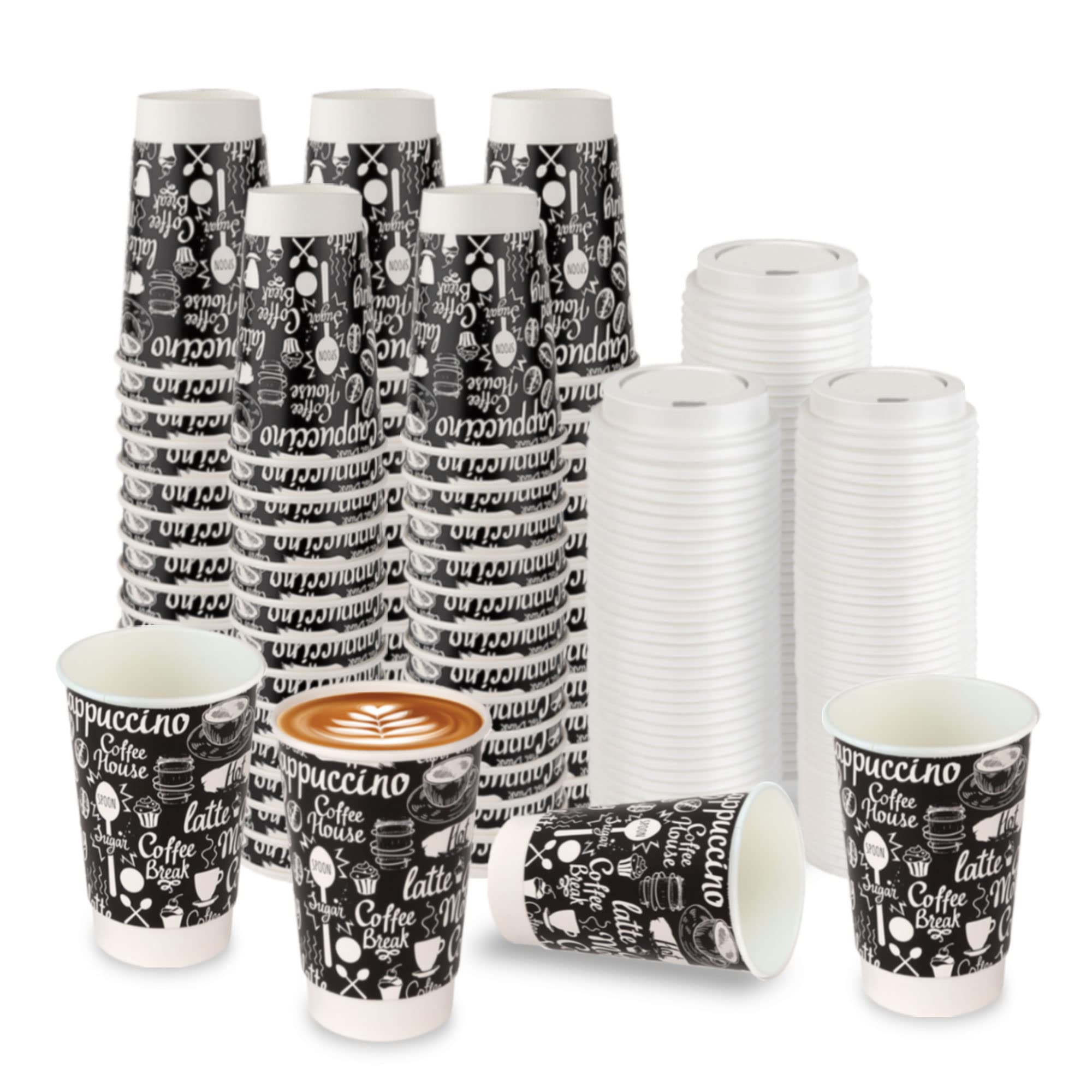 Shop Square16 Oz. Double Wall Insulating Coffee Cup Set - 50 Pack, Disposable Paper Cups with Plastic White Lids, No Sleeves Needed, Graphic Grab 'n Go Cup - Home, Office, Cafe (50 Count)
