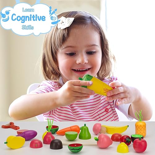 Miniatura 5 de Juegos de comida de madera para niños, cocina para cortar frutas y verduras, juguetes de simulación para niños pequeños, juguetes Montessori, regalo