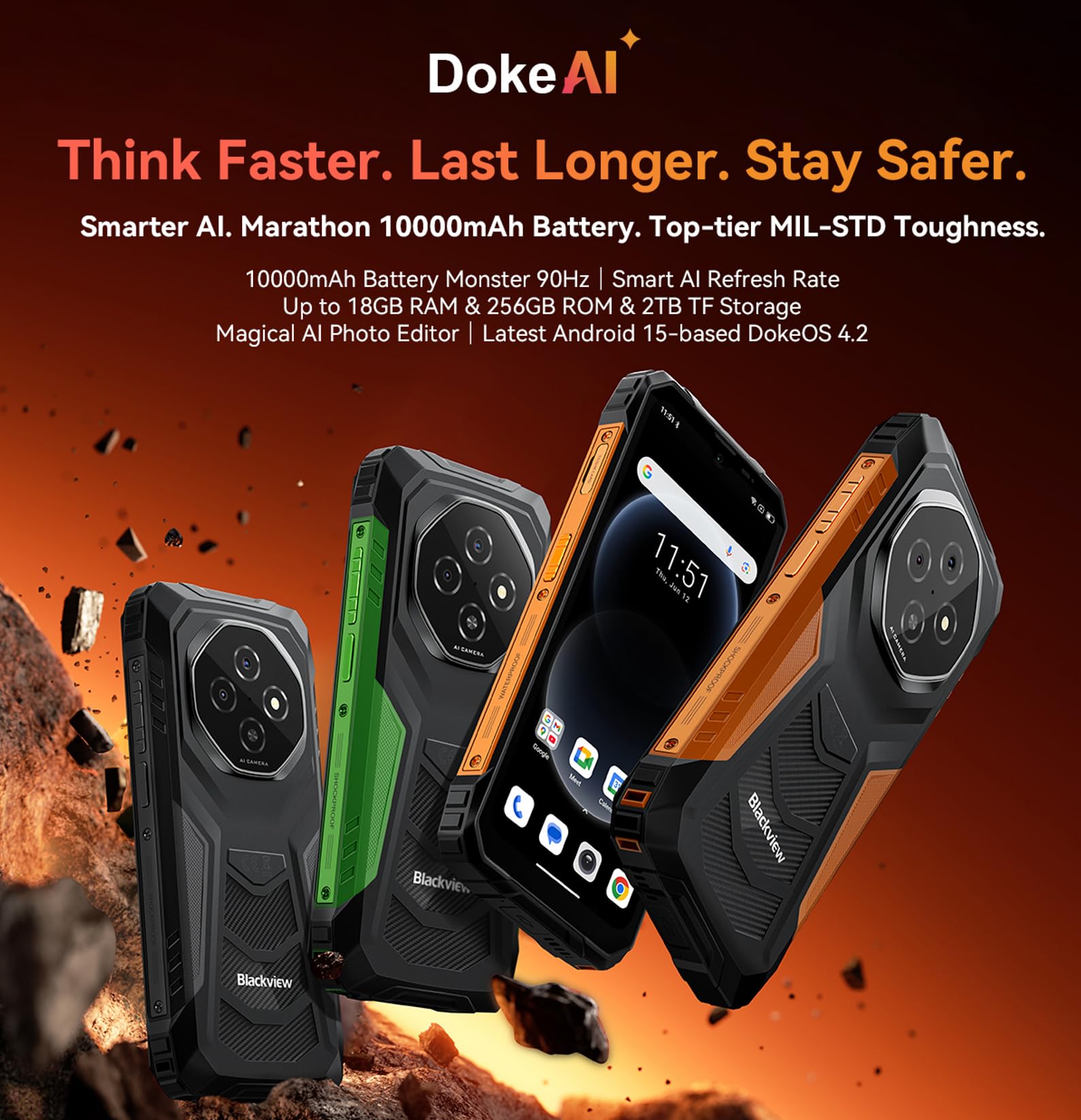 Blackview FORT 1 Outdoor-Smartphone – 12GB RAM, 128GB ROM, 10000mAh Akku, Android 15, IP68 Wasserdicht, Perfekt Für Baustelle & Abenteuer