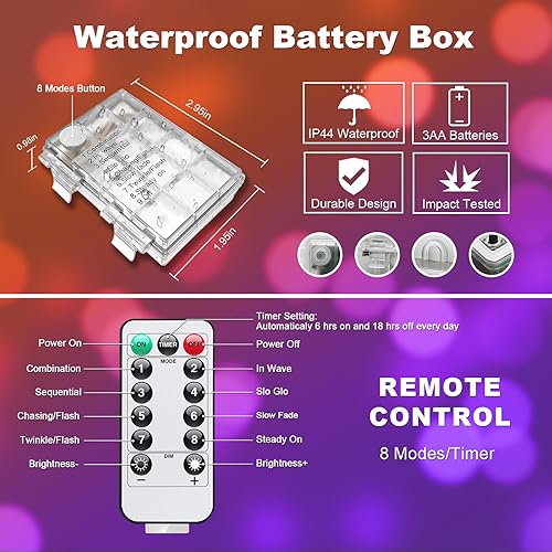 Vista 21 de JMEXSUSS 100 luces LED de Navidad, funciona con pilas, luces impermeables para exteriores, 33 pies, 8 modos, funciona con pilas, con control remoto