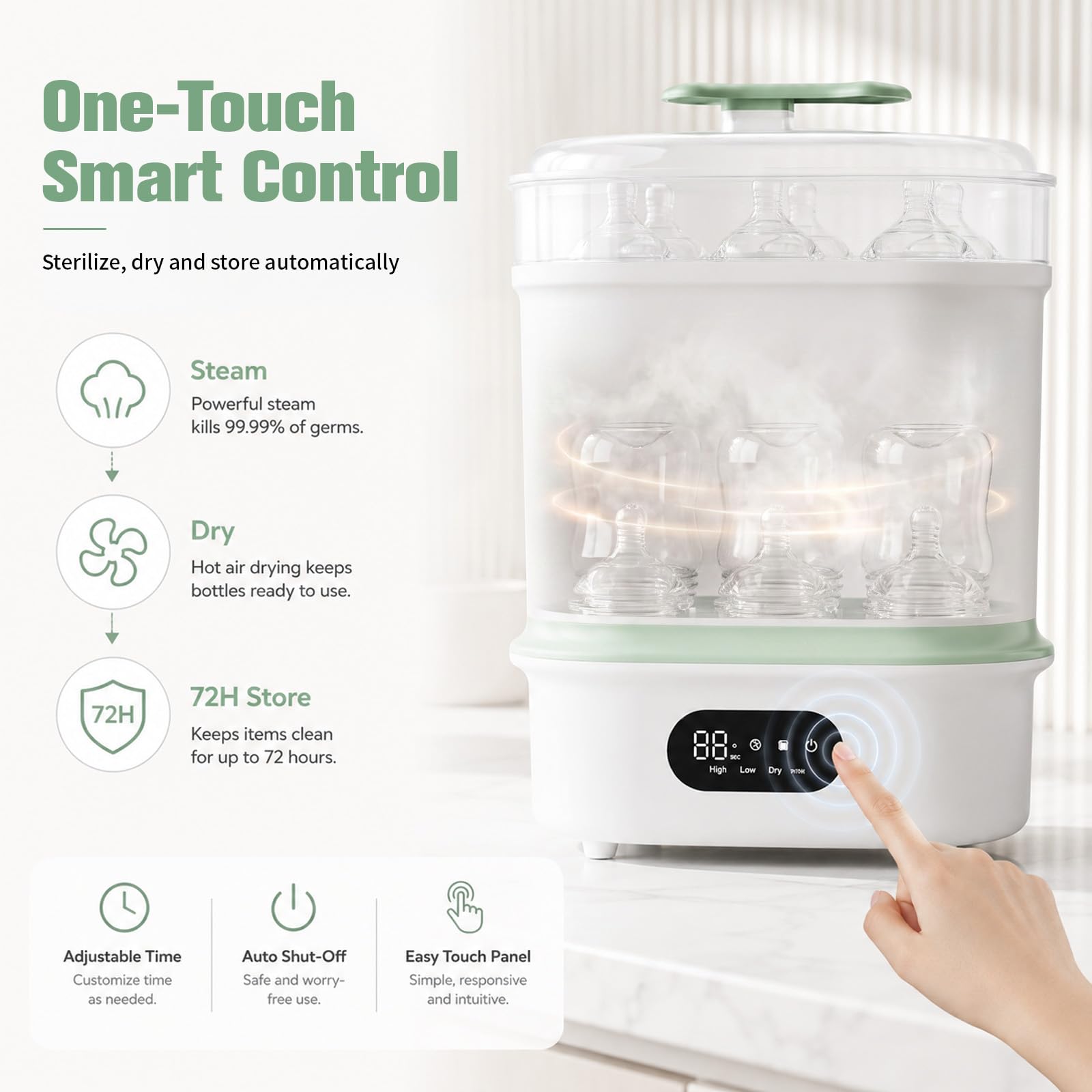 Dampfsterilisator und Trockner für Babyflaschen – 4-in-1 Elektrischer Flaschensterilisator für Flaschen, Milchpumpen-Zubehör, Einstellbarer Timer, 6 Flaschen Kapazität, Automatische Abschaltung