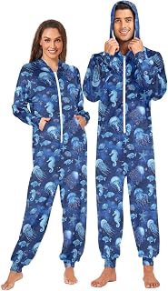 ALAZA Blue Jellyfish Seahorse Starfish Adult Onesie Unisex Pajamas One-Piece Costume Hooded Jumpsuit Sleepwear for Men Women