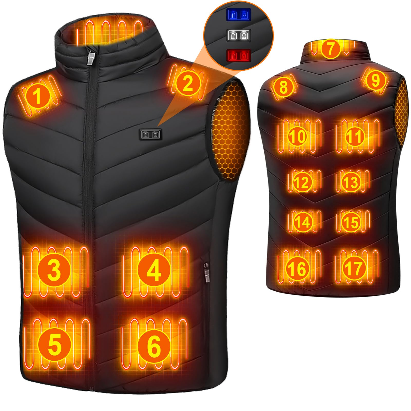 qoqidunHeated Vest Jacket for Men with 17 Carbon Fiber Heating Pads and 3 Adjustable Temperature for Outdoor Camping Riding Hiking (Battery Pack Not Included)