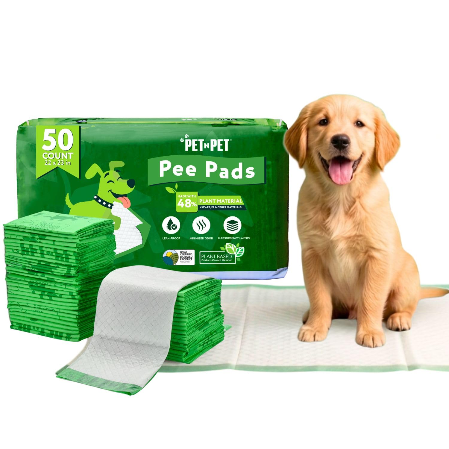 Pet N Pet 50 Counts Training Pad for Dogs, 48% USDA Certified Plant Based Dog Pad, Unscented Puppy Pee Pads, Leak-Proof Pee Pads for Dogs