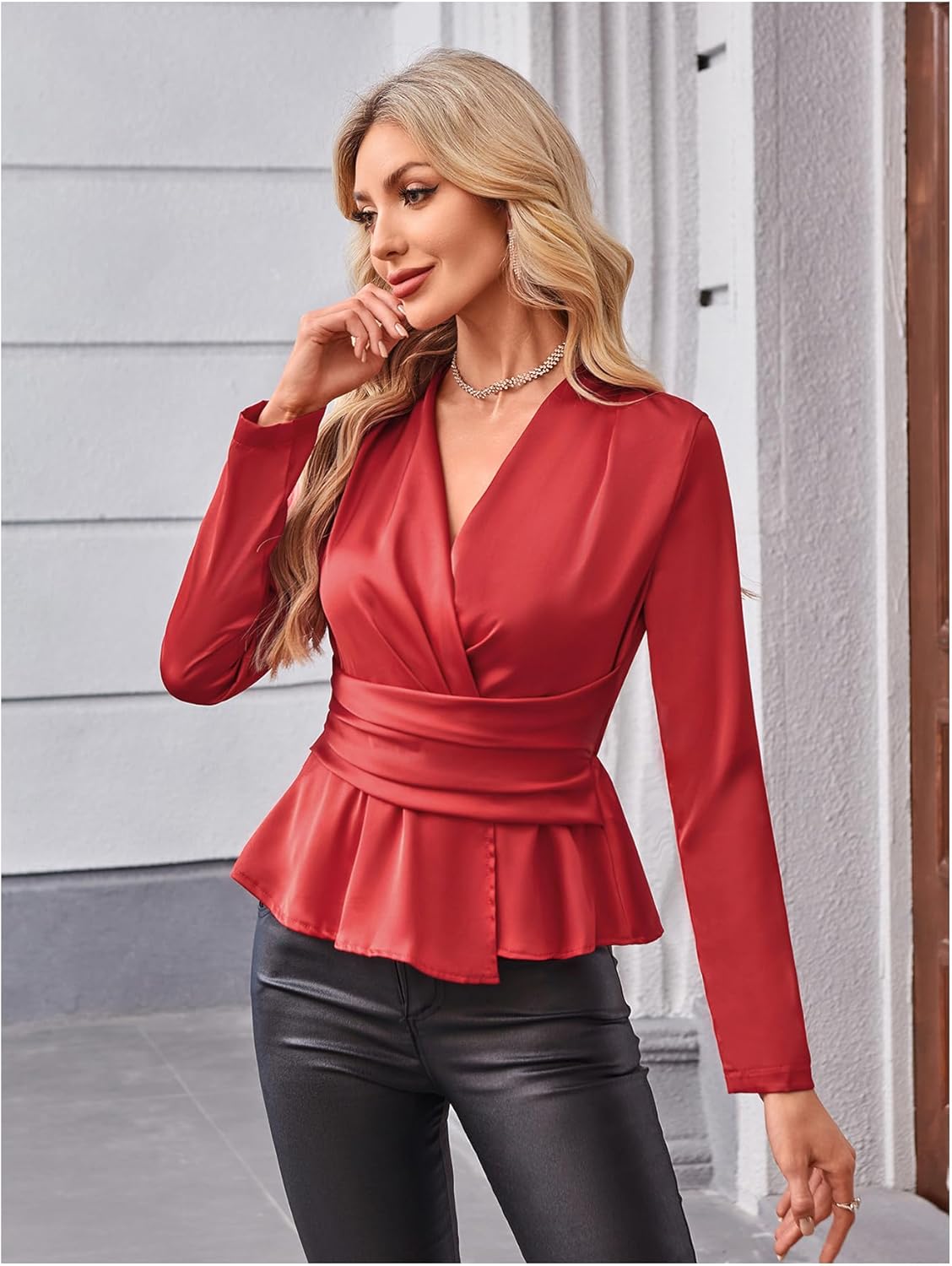 MakeMeChic Women's Wrap V Neck Long Sleeve Ruched Satin Shirt Blouse Elegant Peplum Tops - Image 3