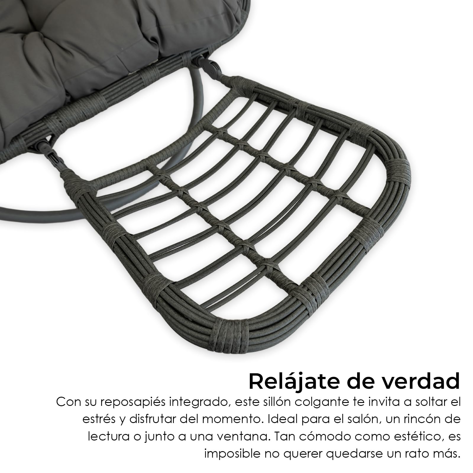 YOEVU - Silla Colgante con Soporte | Reposapiés Integrado | Estructura de Acero Reforzada | Cojín Acolchado Ergonómico | Diseño Boho para Interior y Exterior, Grande, Acero Aleado (Gris)