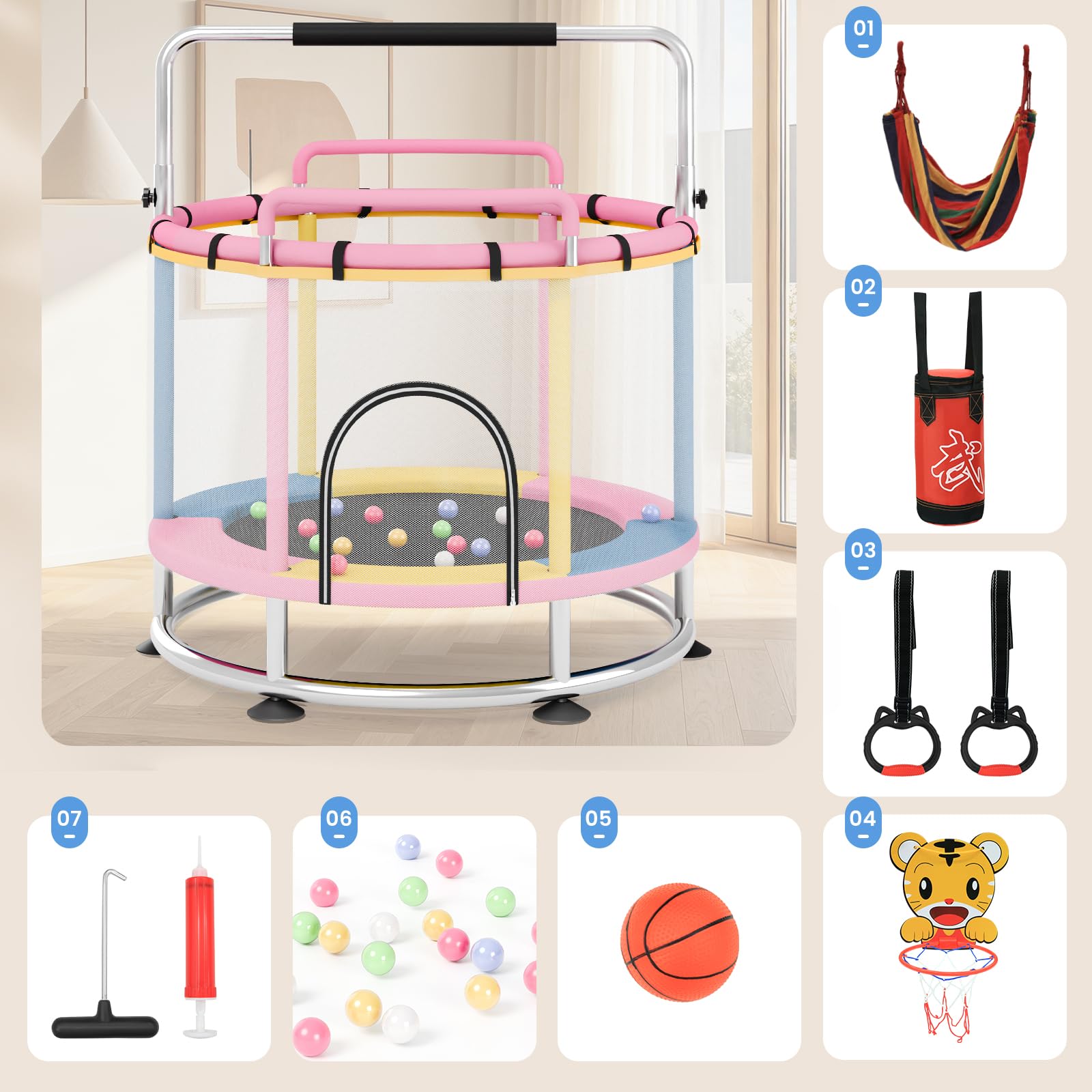 Trampolin Kinder 150cm mit Rundem Sockel und Zwei Handläufen Vorne und Hinten Outdoor/Indoor, 250kg Verstellbares,mit Andsäcken, Basketballkorb, Klimmzugstange und Hängematte für Jungen und Mädchen