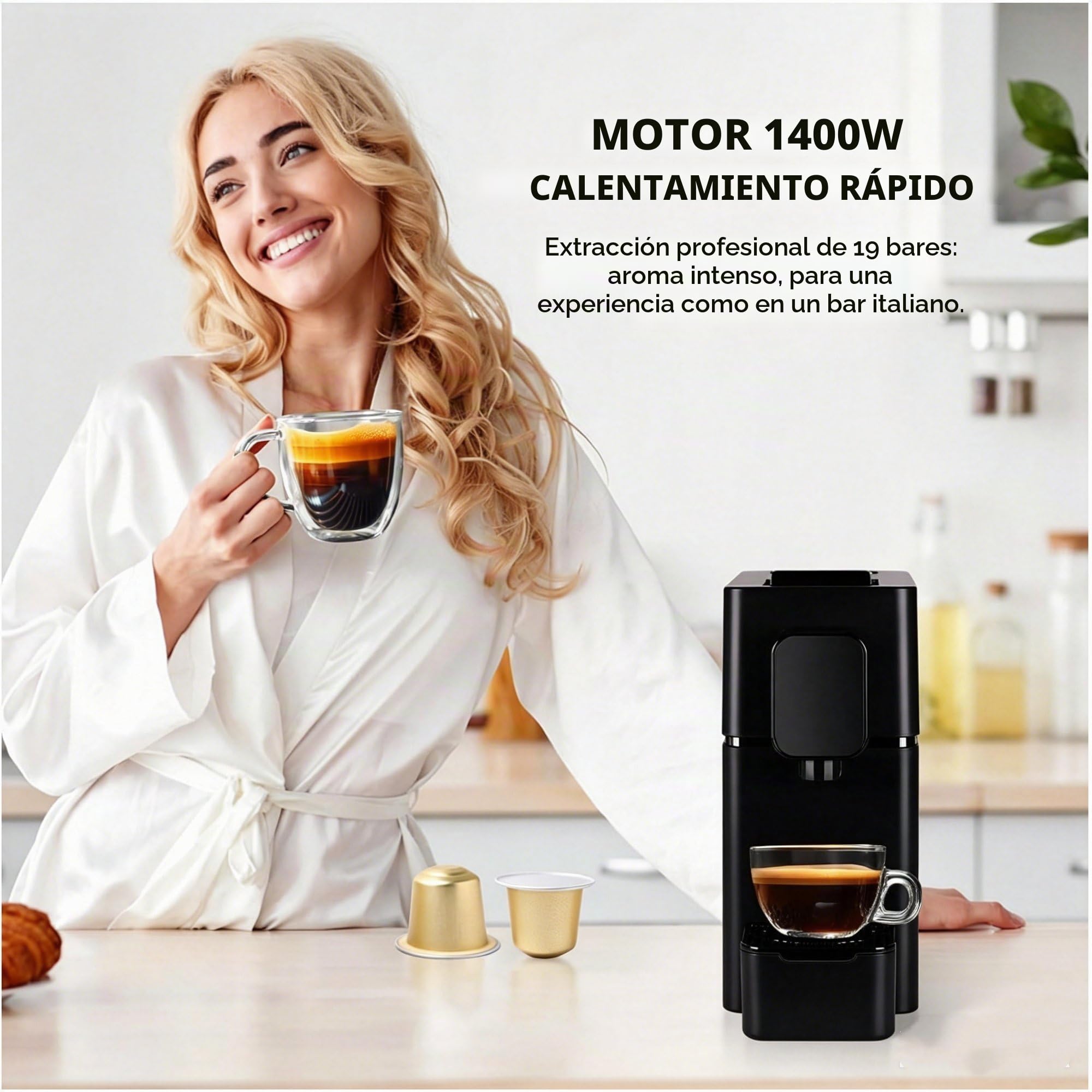 Cafetera de Cápsulas Profesional 19 Bares - Máquina de Café Espresso 1400W para Oficina y Negocios, 7 Niveles de Temperatura, Depósito 0.85L, Ahorro de Energía, Negro (Formato Estándar)