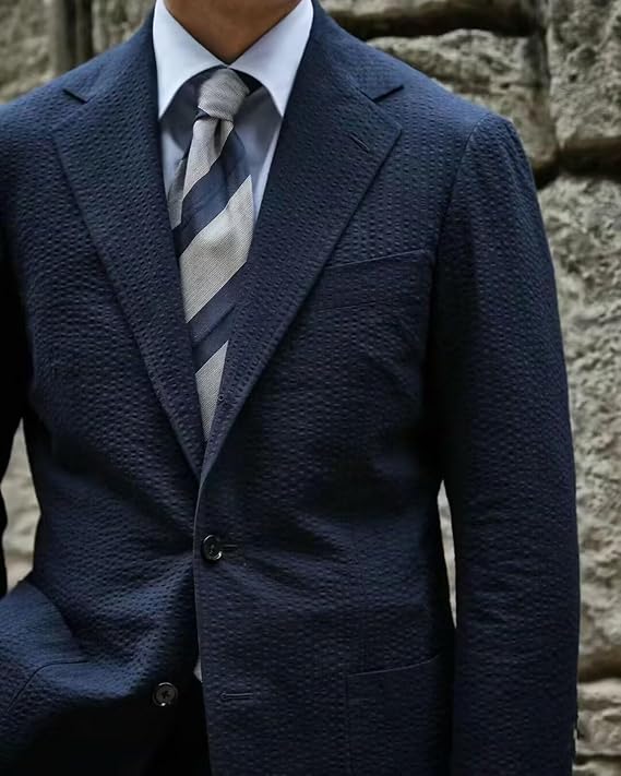 Mens Blue Seersucker Summer Suits 2 Piece Grooms Sear Sucker Suit for Wedding Mens Formal Tuxedo Suits Slim Fit