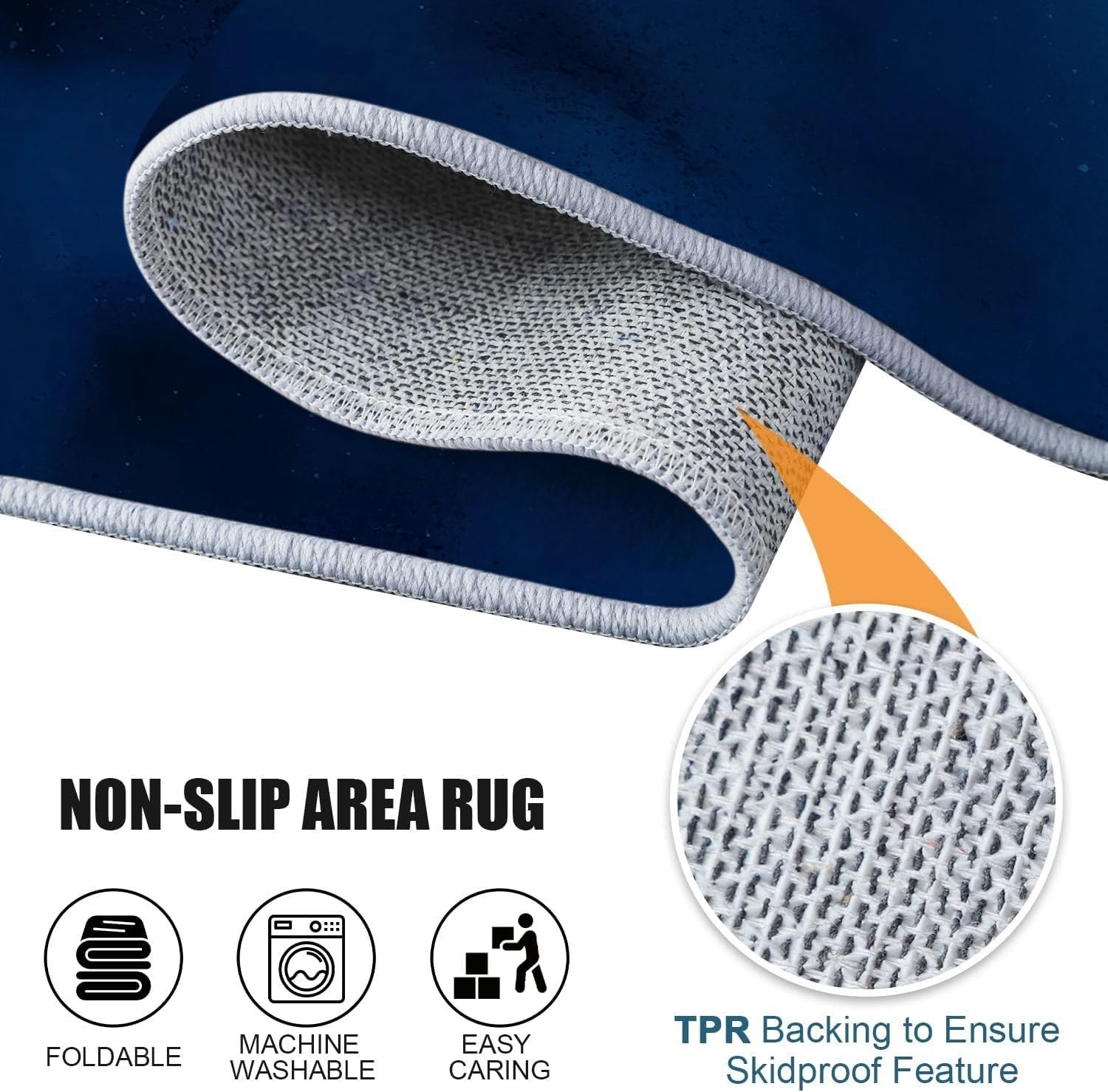 Tapis de Salon 140 x 200 cm – Antidérapant, Doux et Épais Lavable en Machine, Motif Bordure Dorée Abstraite – Tapis de Sol pour Chambre, Salle de Séjour, Bleu