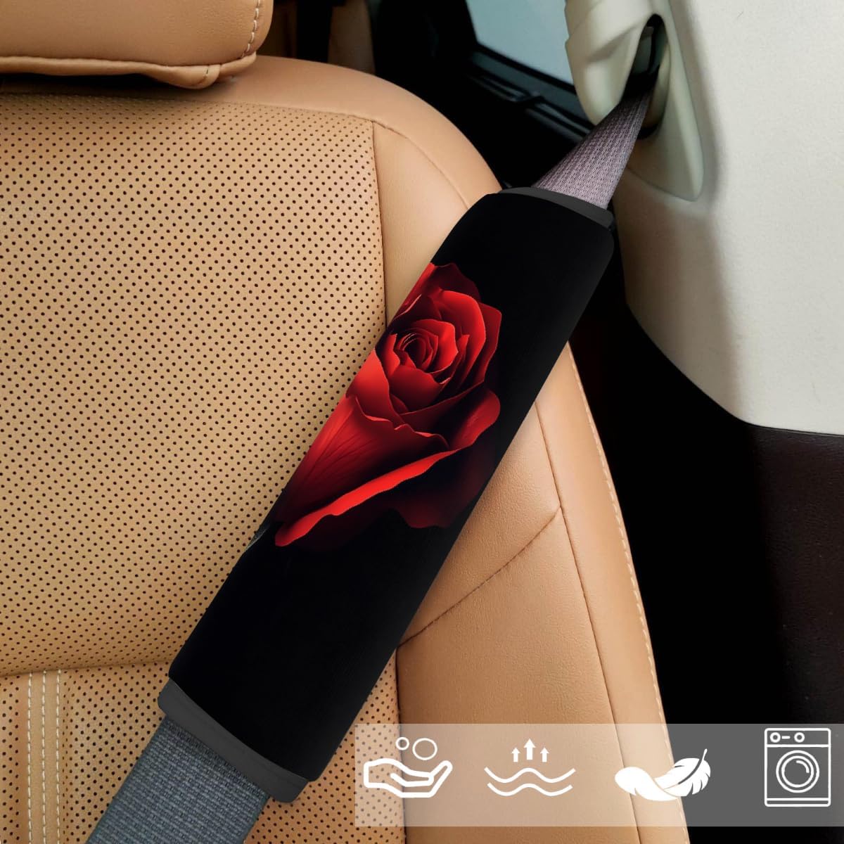 Comfy Adjustable Seat Belt Cover Pad for Adults - Red Rose Neoprene Car Seat Strap Pads & Neck Protector (2-Pack) for All Vehicles