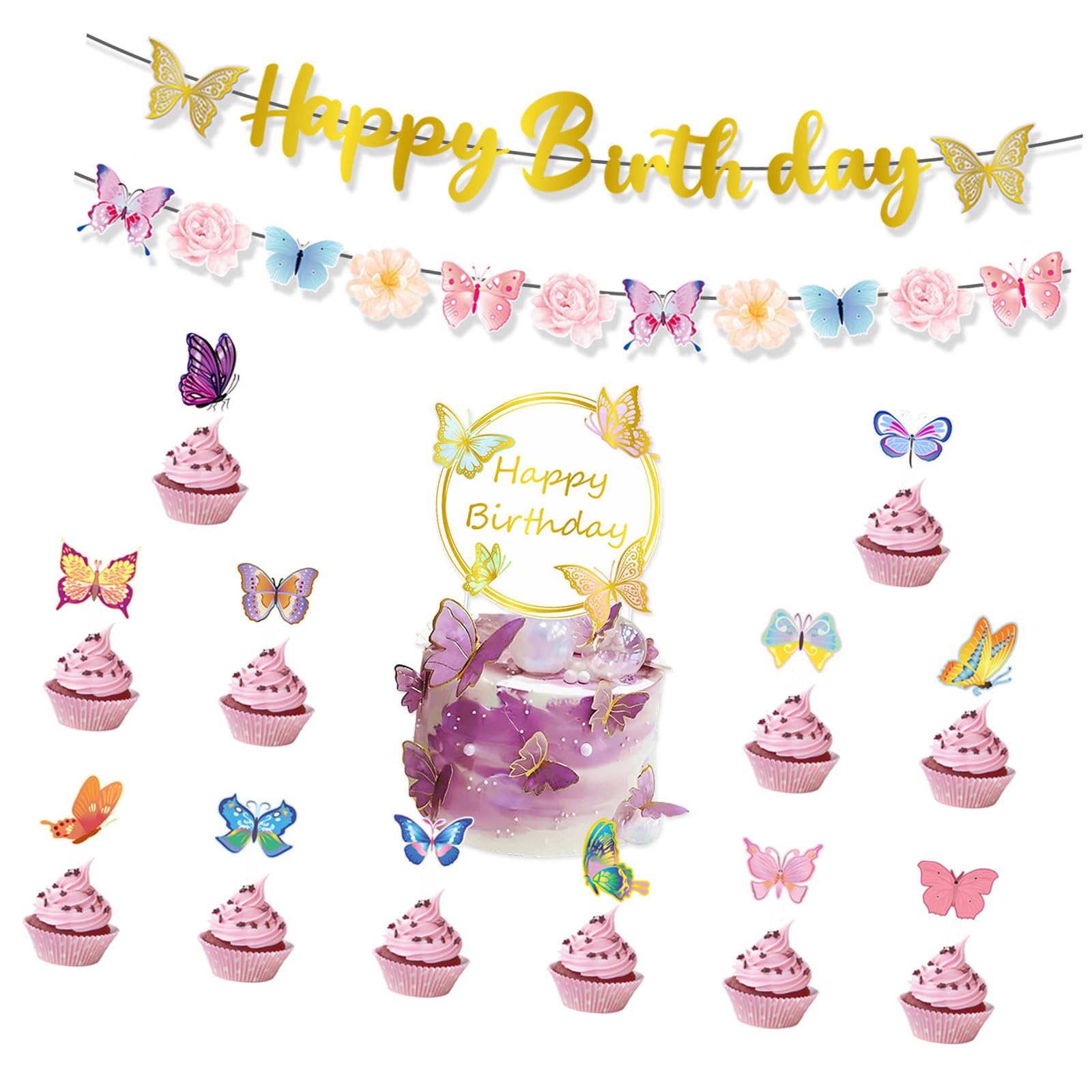 Xinsheinelry Banners Cake Decoration Set Butterfly Cake Toppers Colorful Hanging Swirls Suitable for Holidays Celebration Party Supplies