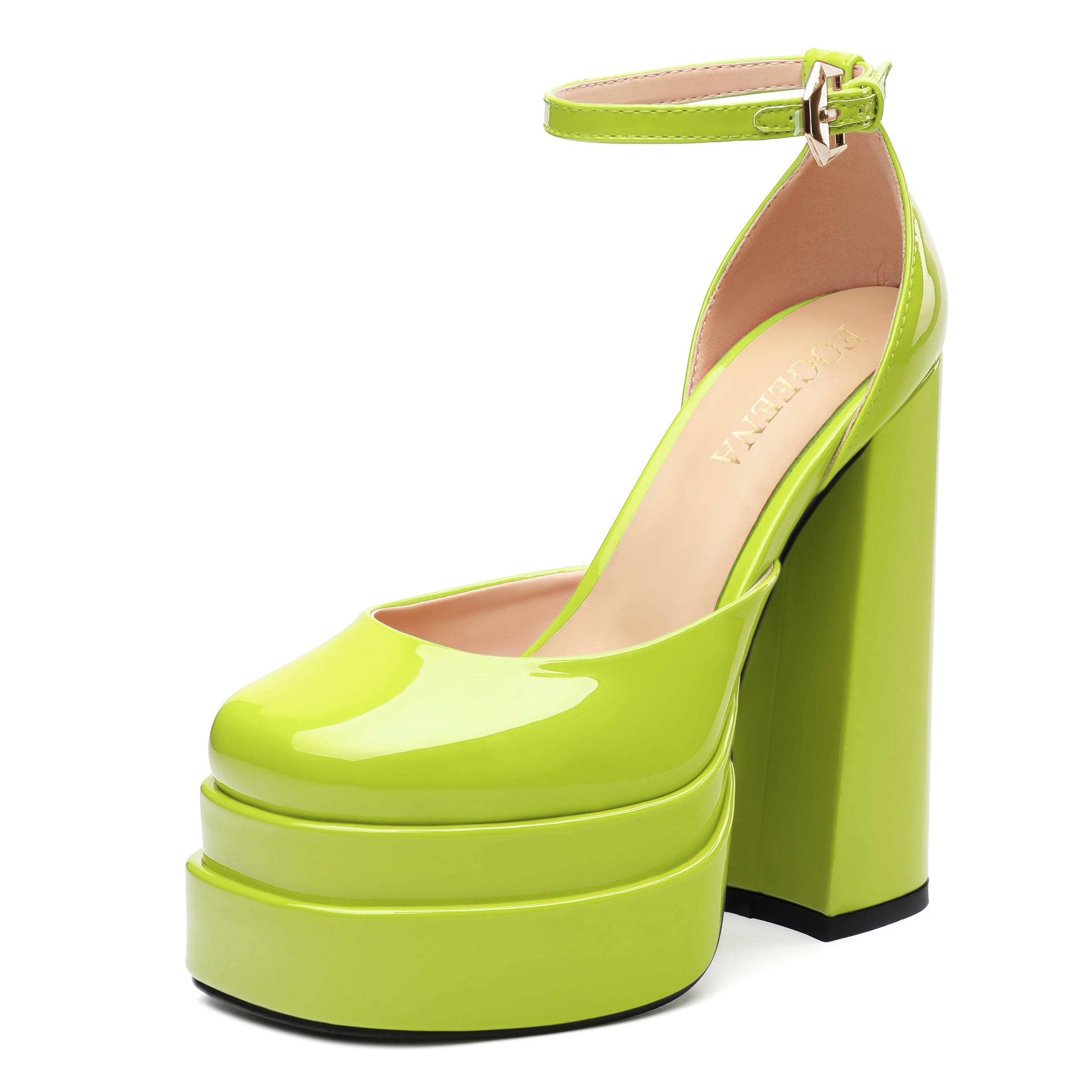 FOGEENA Platform Chunky Heels for Women Block High Heels Patent Closed Round Toe Ankle Strap 5.9 Inch Pumps Fashion Dating Prom Party Dress Shoes
