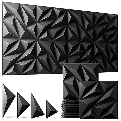 3D Wall Panels Black 16 Pack, 12" x 12" Diamond