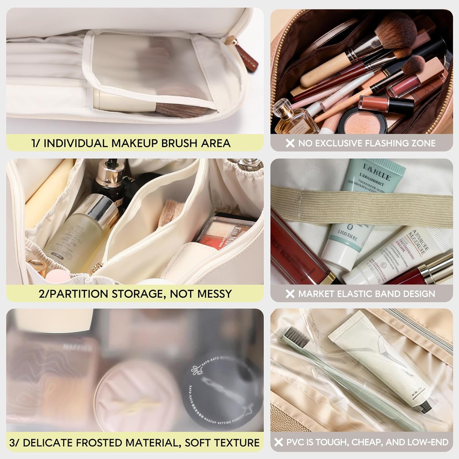 GIVLEFLY Large Waterproof Makeup Bag for Women, Nylon Cosmetic Bag with Brush Compartment&Zipper Pocket, Travel Makeup Organizer with 8 Pockets, Wide Opening Portable Toiletry Bag, Upgraded Size,White