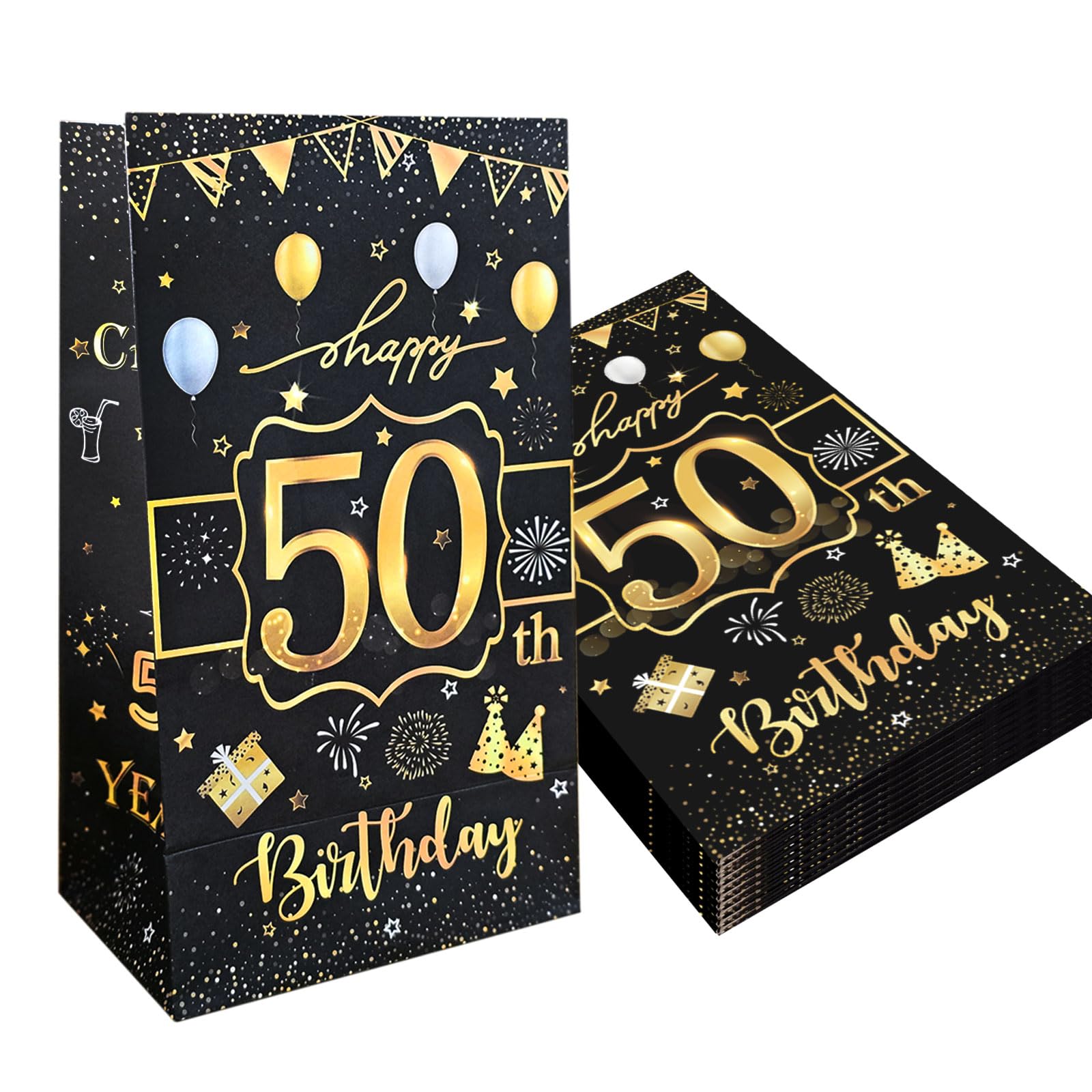 The DaPai 10 Pack Gold Black Happy 50th Birthday Party Gift Bags Cheers to 50 Years Party Favor Bags Treat Bags Paper Candy Goodie Bags for Birthday Anniversary Wedding Decorations Party Supplies
