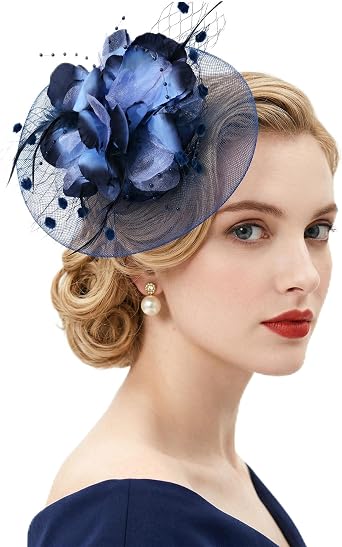 Ishua 1920s Fascinators Hat for Women Tea Party Floral Feather Headpiece Mesh Hair Clip for Bridal Wedding Navy Blue
