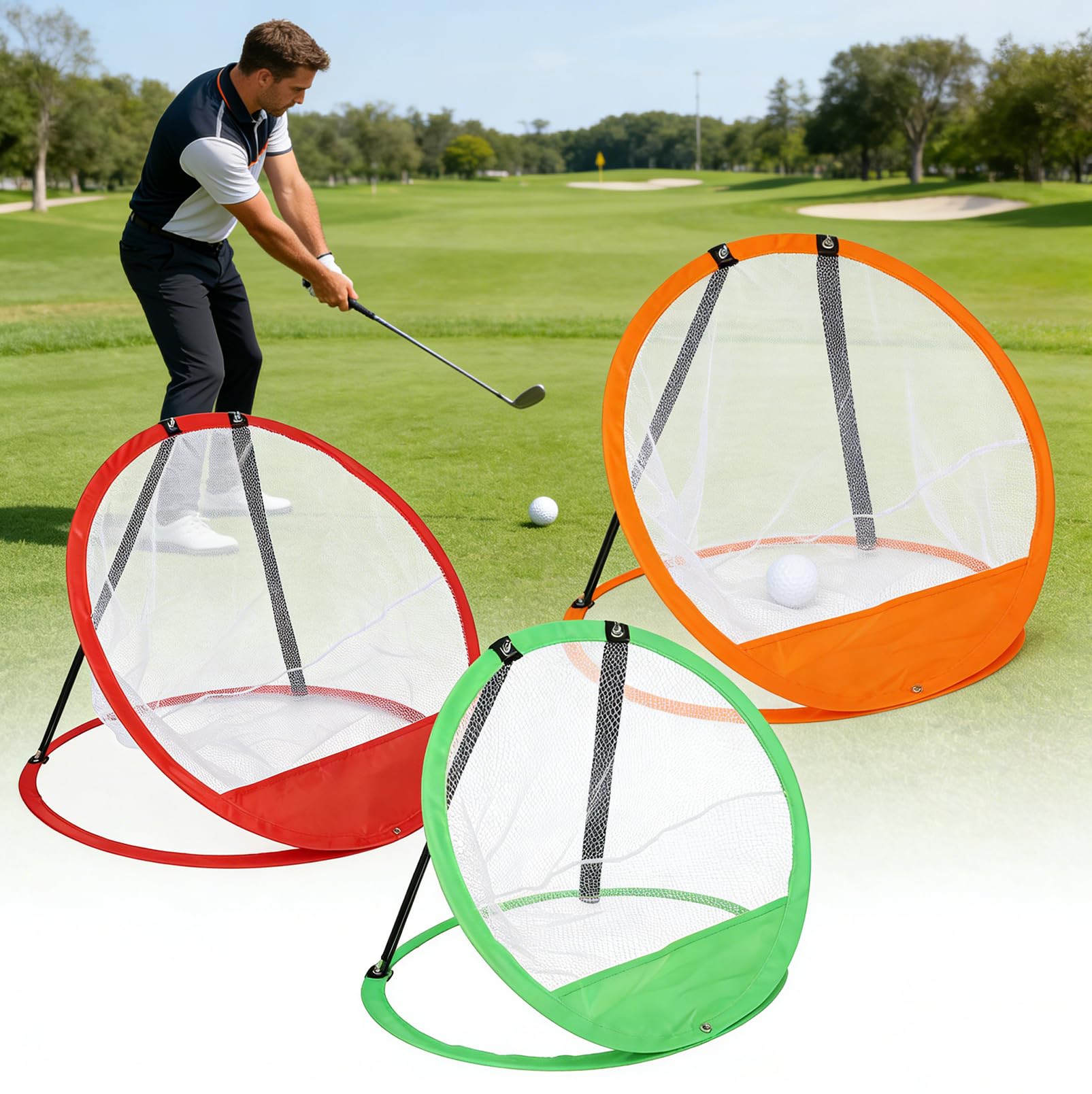 Golf Übungsnetz Set, Golf Chipping Netz mit 3 Farbigen Chipping Netzen, GolfTrainingsnetz Kit mit Doppelte Rasenmatte,12 PU Übungsbällen,5 Tees,Indoor Outdoor GolfSimulator für Garten Terrasse Übung