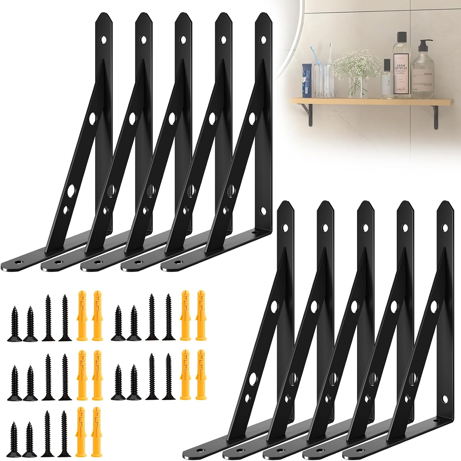 10 inch Shelf Brackets Bulk,10Pack Heavy-Weight Duty Shelf Bracket,Metal Rust Proof Shelving Brackets for DIY Wall Decorative Black