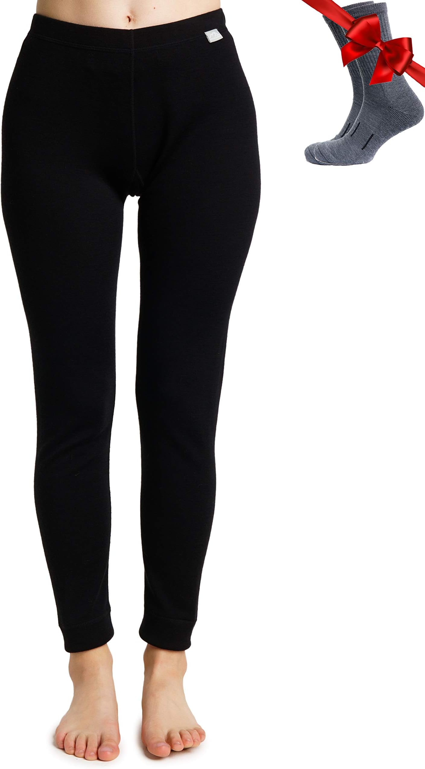 Merino.tech Merino Wool Base Layer Womens Pants 100% Merino Wool Leggings Midweight Thermal Underwear Bottoms + Wool Socks