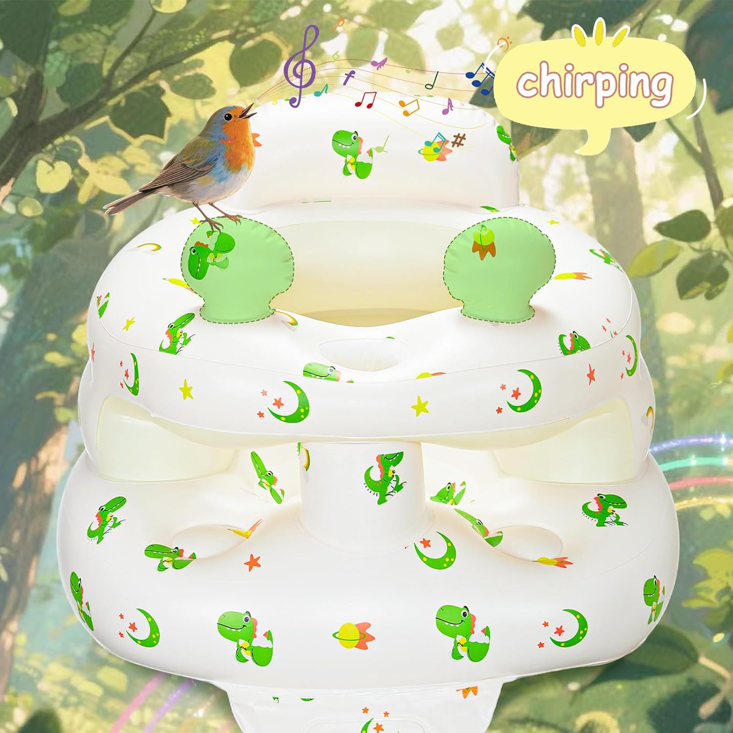 Inflatable Baby Seat for Babies 3-36 Months，[Squeaky Sound & Anti-Fall Design] Inflatable Chair with Sound-Making Ears, Baby Seat for Sitting-Up Practice, Built-in Air Pump (Ear Dinosaur)
