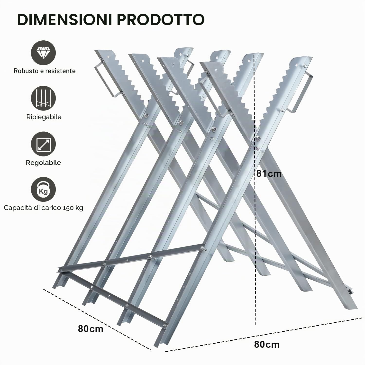Cavalletto pieghevole per sega, portata 150 kg, in metallo zincato, per seghe per legno, legna da ardere, cavalletto per motosega, 81 x 80 x 80 cm