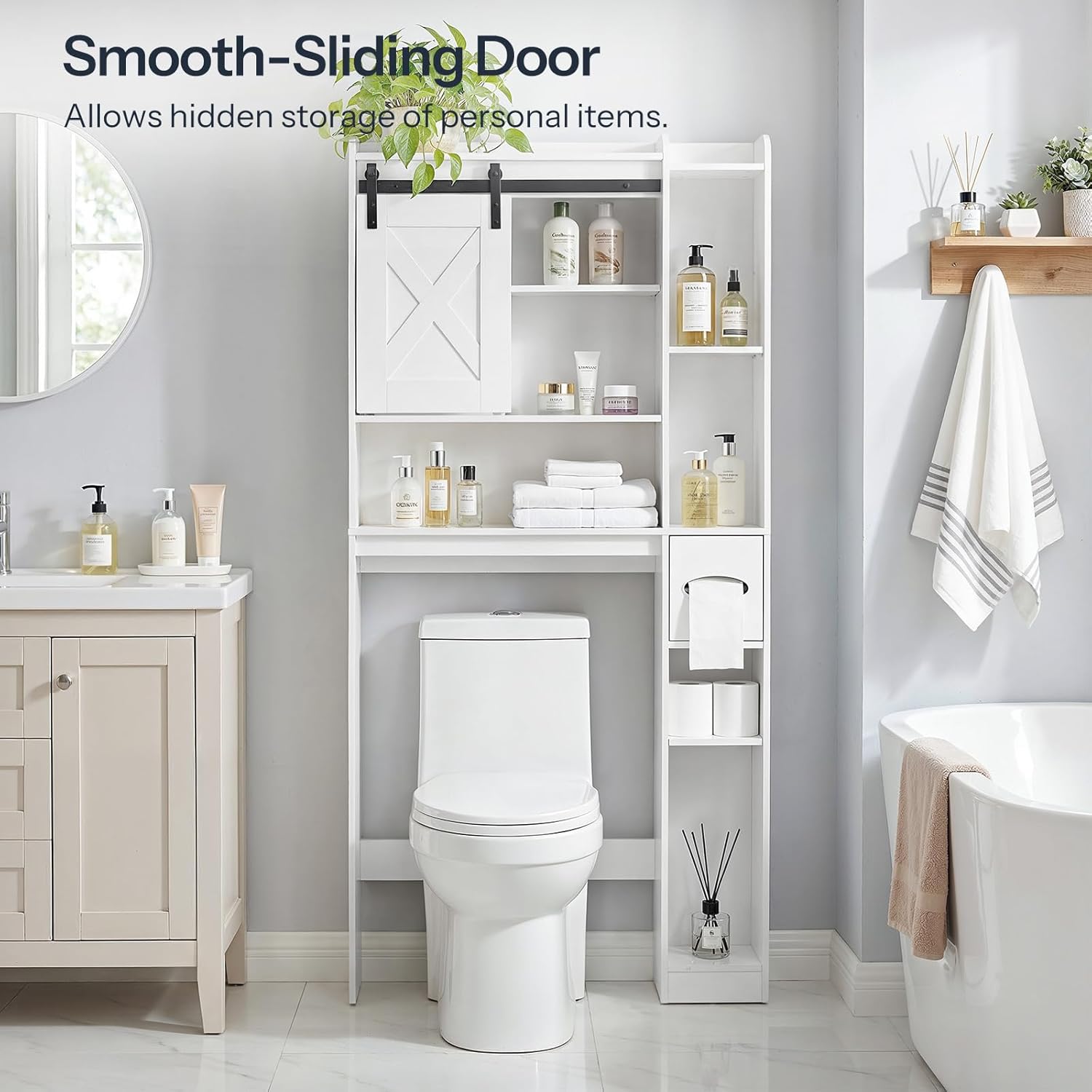 HOOBRO Over The Toilet Storage Cabinet with Sliding Barn Door, Toilet Paper Holder, Farmhouse Storage Cabinet, Wooden Bathroom Organizer, Bathroom, Laundry Room, White WT24TS01