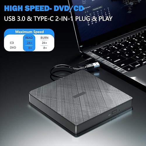 Miniatura 2 de Unidad de CD externa, USB 3.0 y tipo C Grabador de CD DVD portátil +/-RW Reproductor de DVD para portátil, unidad externa de CD/DVD para computadora