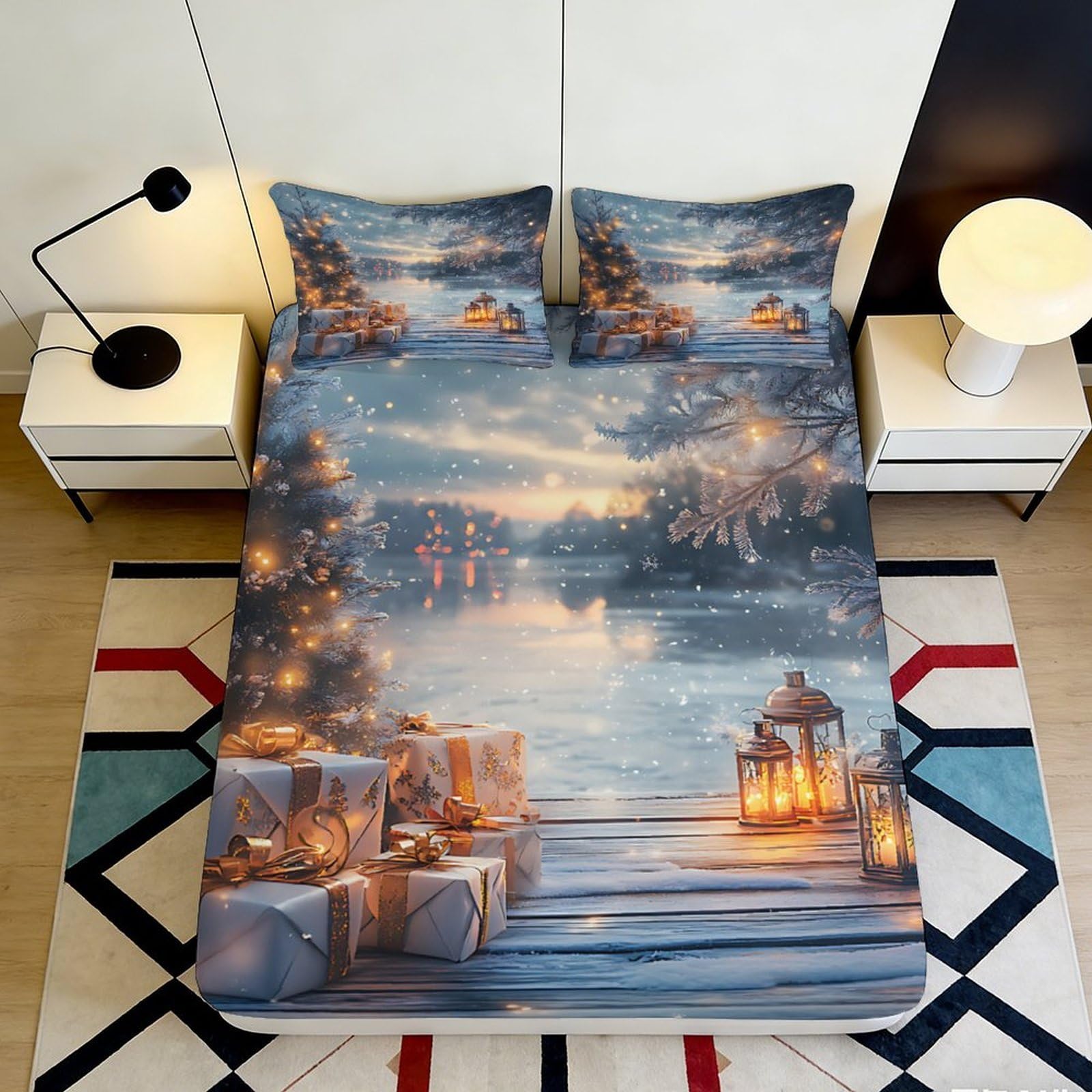 Uynsixtme Style-4 3D Printed Holiday Scenery Fitted Sheet Microfiber Deep Pocket Non-Slip Bedroom Bedding Festive Mattress Fitted Cover Washable 140X200x25cm