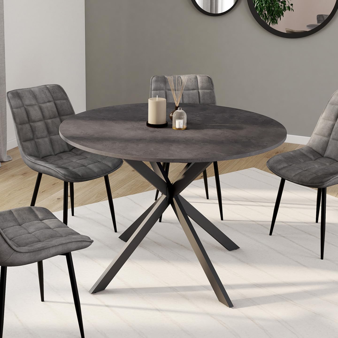 IDMarket - JASPE Tavolo da pranzo rotondo per 6 persone con piano effetto cemento e gamba a ragno grigio antracite 110 cm