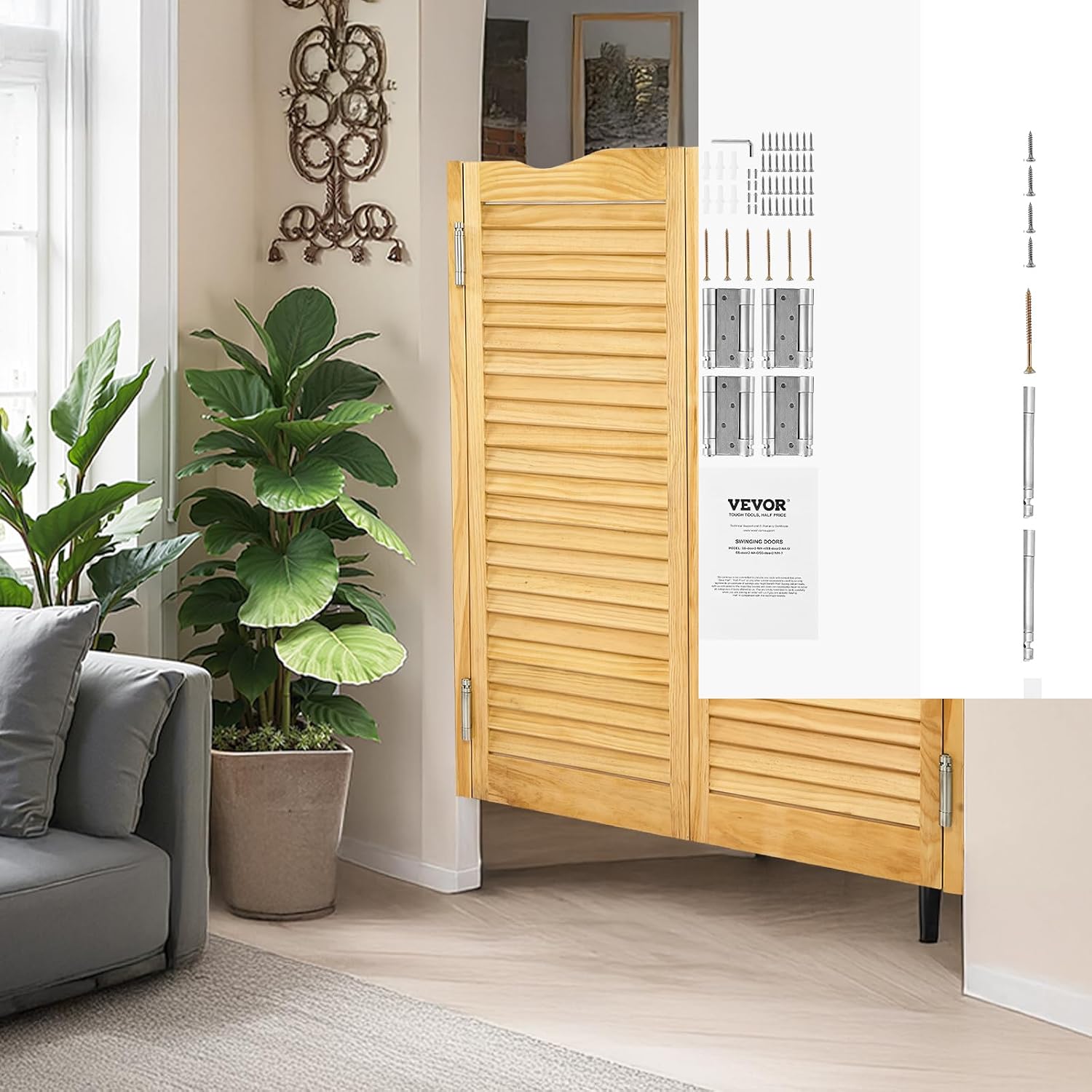 VEVOR Double Saloon Swinging Doors, 32" W x 42" H Arched Top Interior Swinging Cafe Doors, Pine Wood, with Hinges & Hardware Kit, Easy to Install, for Hallway Kitchen Bar Pub Entrance, Log Color
